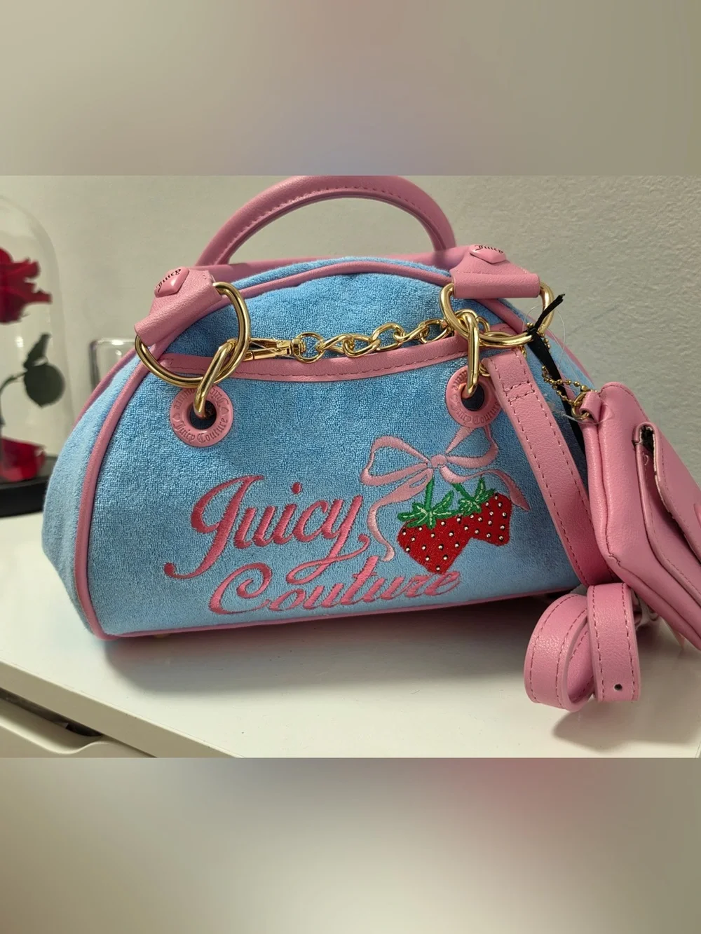 Juicy Couture Strawberry Blue Pink  Bow Satchel Crossbody Bag NWT Charm